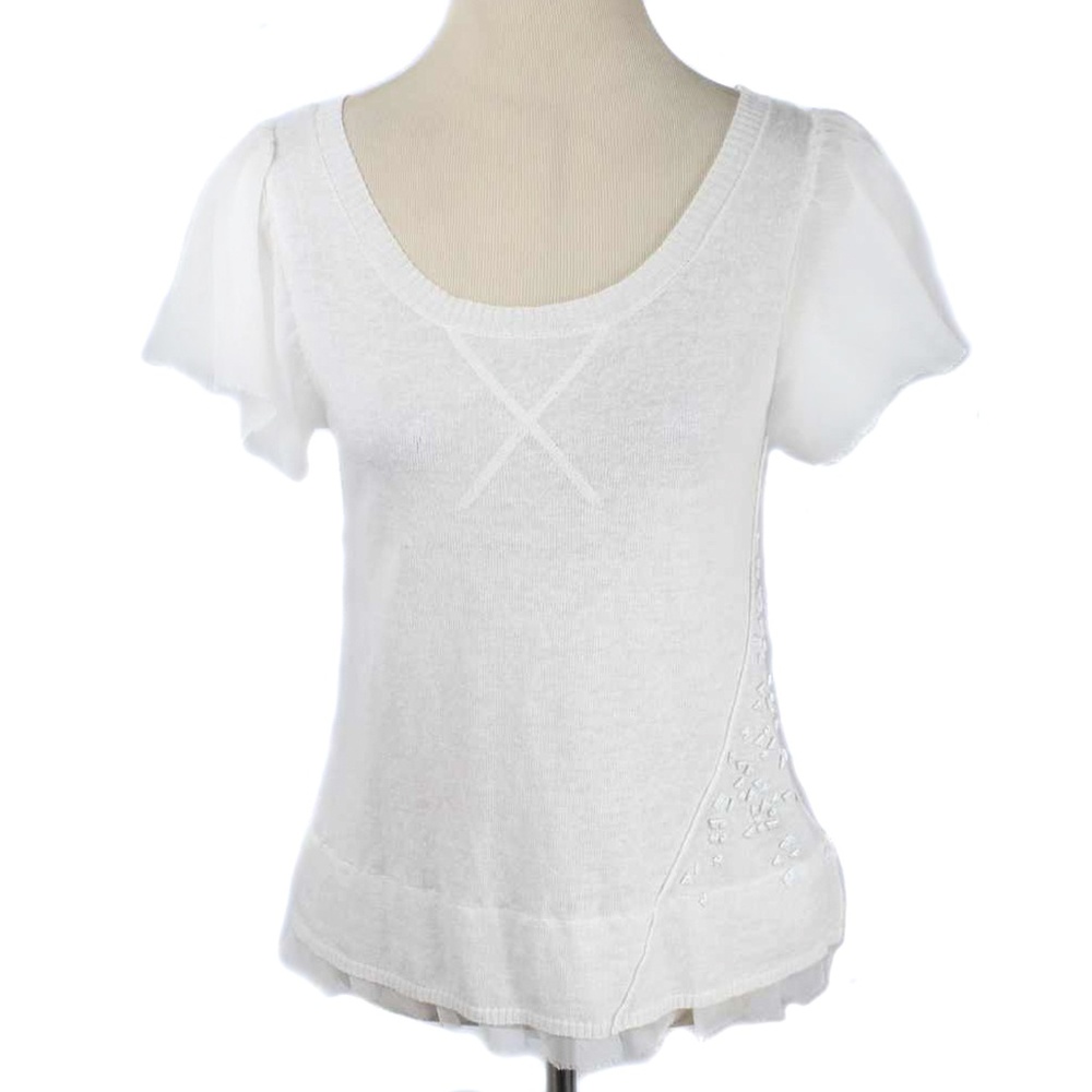 FREE PEOPLE White Linen Blend Bead Embellished Flutter Short Sleeve Shirt Size S